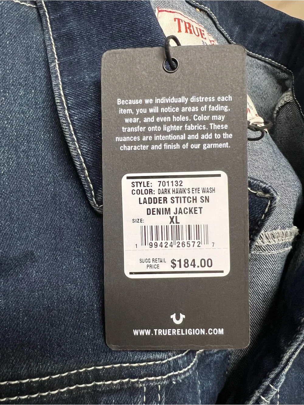 True Religion Men's Denim Red Stitched Trucker's Jacket Size X-Large NWT
